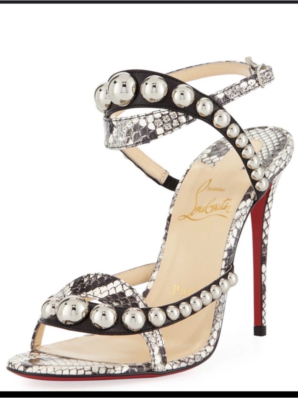 Christian Louboutin Silver Snakeskin Studded Stiletto Sandals